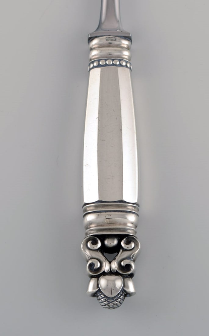 Large Georg Jensen Acorn carving set in sterling silver and stainless steel. - 2