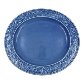 Vintage Blue Bordallo Pinheiro Majolica Style Blue Oval Serving Platter With Embossed Olive Branch D