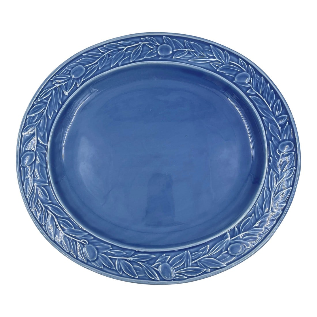 Vintage Blue Bordallo Pinheiro Majolica Style Blue Oval Serving Platter With Embossed Olive Branch D: Beautiful discontinued Bordallo Pinheiro Majolica Style Blue Oval Serving Platter embossed with an olive branch design around the edge. This large platter measures 16.25 inches in width, 14.5 inches i