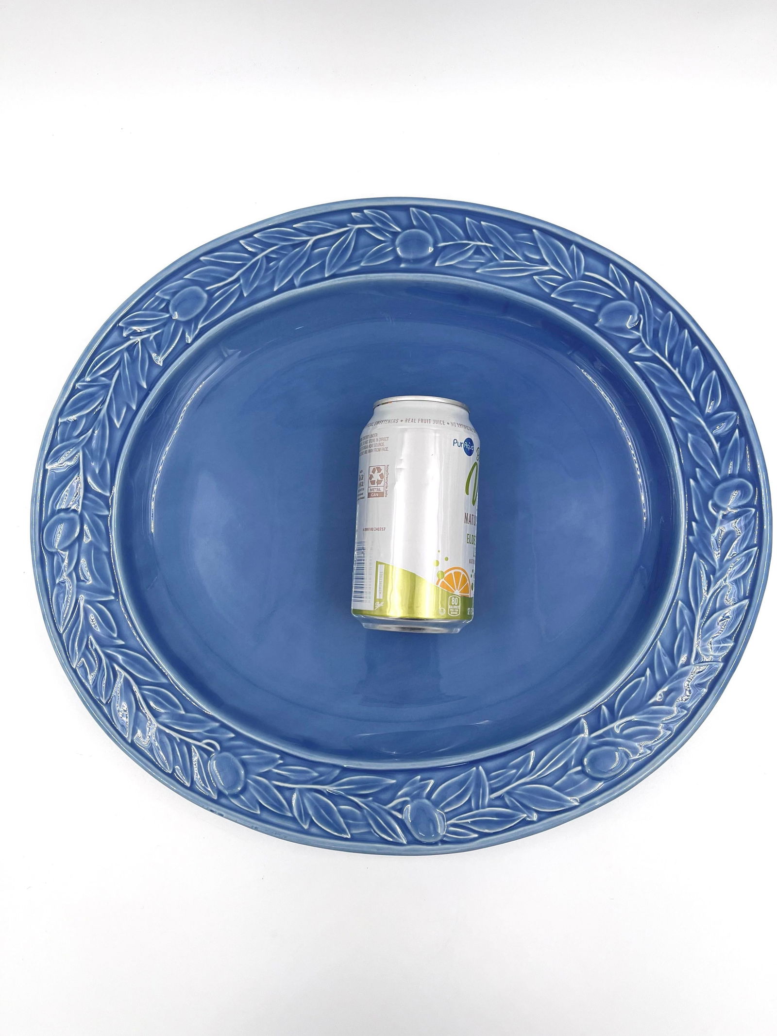 Vintage Blue Bordallo Pinheiro Majolica Style Blue Oval Serving Platter With Embossed Olive Branch D - 4