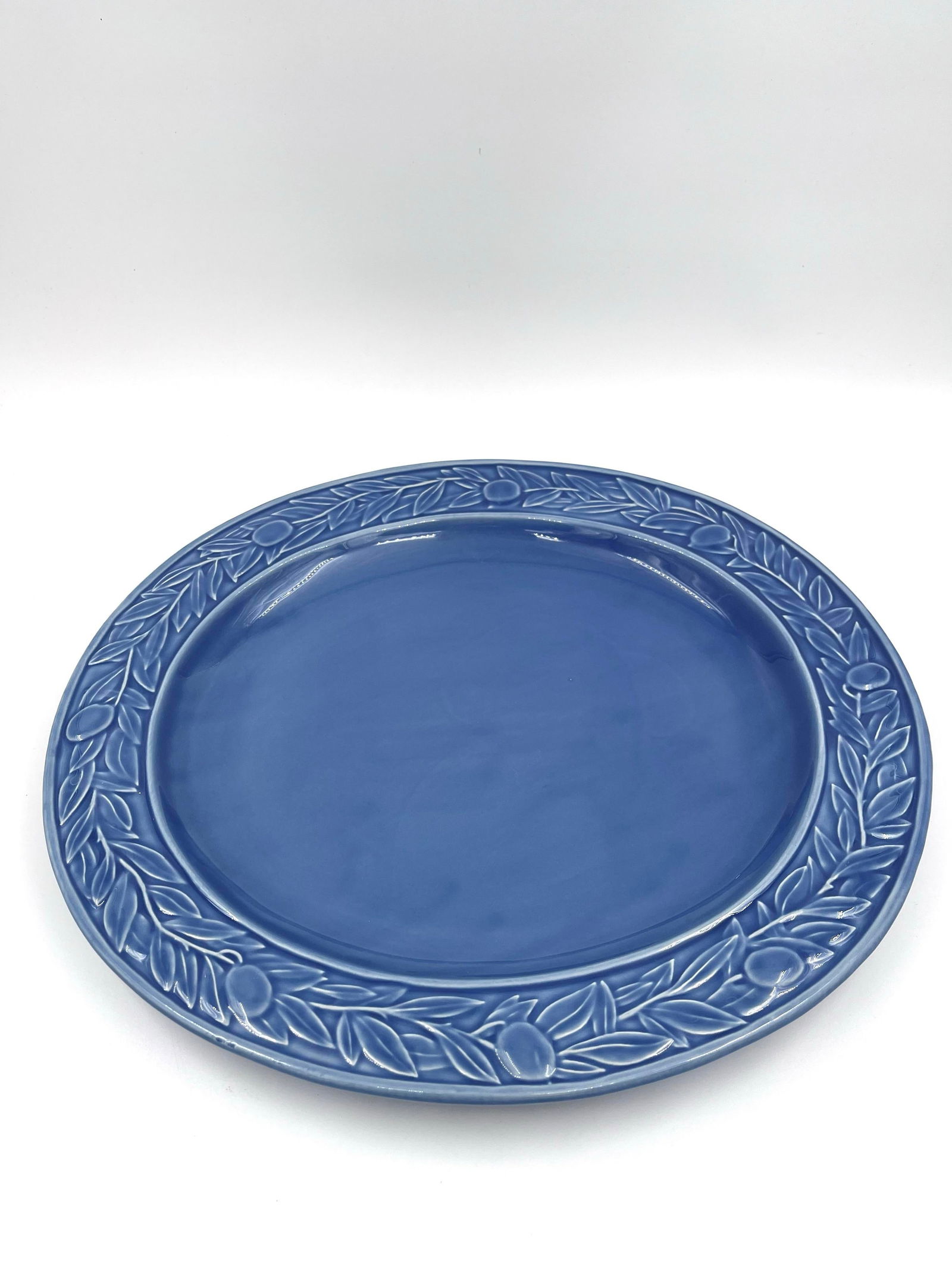 Vintage Blue Bordallo Pinheiro Majolica Style Blue Oval Serving Platter With Embossed Olive Branch D - 5