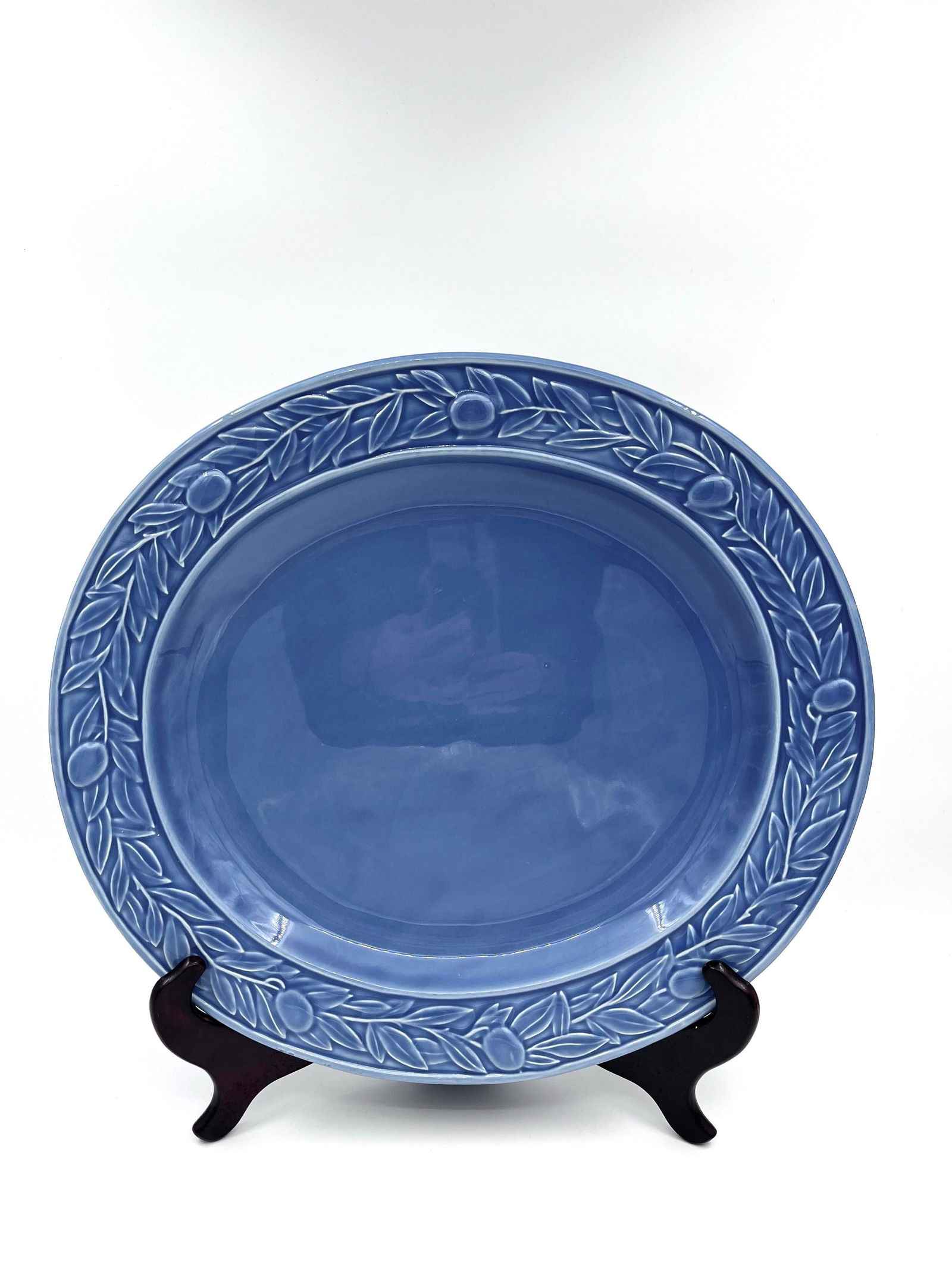 Vintage Blue Bordallo Pinheiro Majolica Style Blue Oval Serving Platter With Embossed Olive Branch D - 6