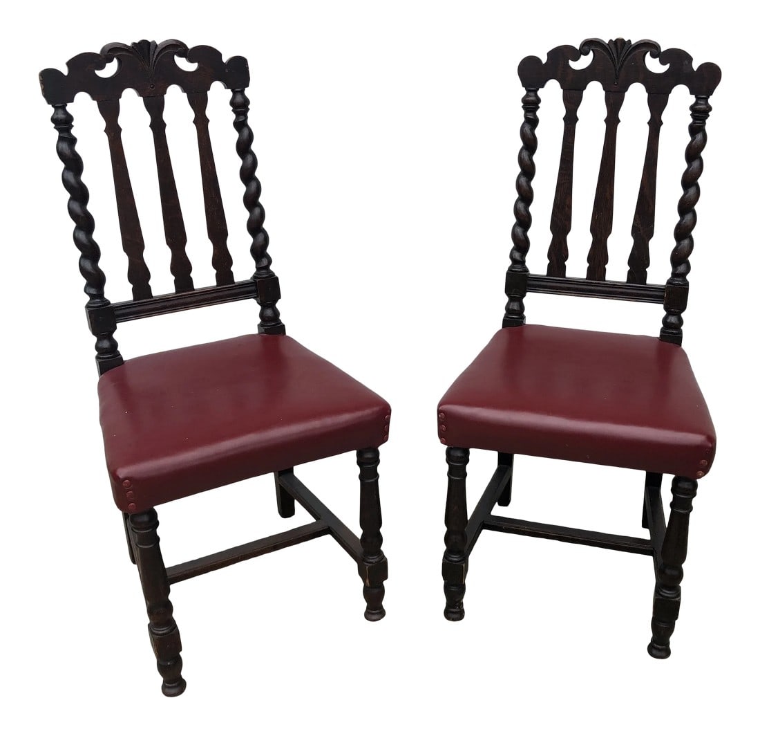1970s Turned Wooden Chairs: Stunning pair of side chairs. Beautifully hand carved. Condition: Alterations: Original Condition Unaltered Imperfections: Some Imperfections Condition Notes: Floor to ceiling height is 18 inches.