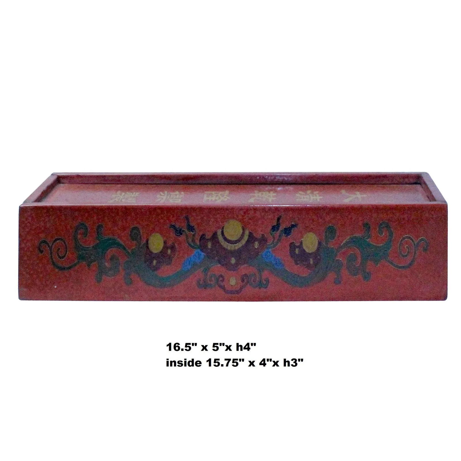 Chinese Distressed Red Lacquer Chinoiserie Long Rectangular Treasure Box - 5