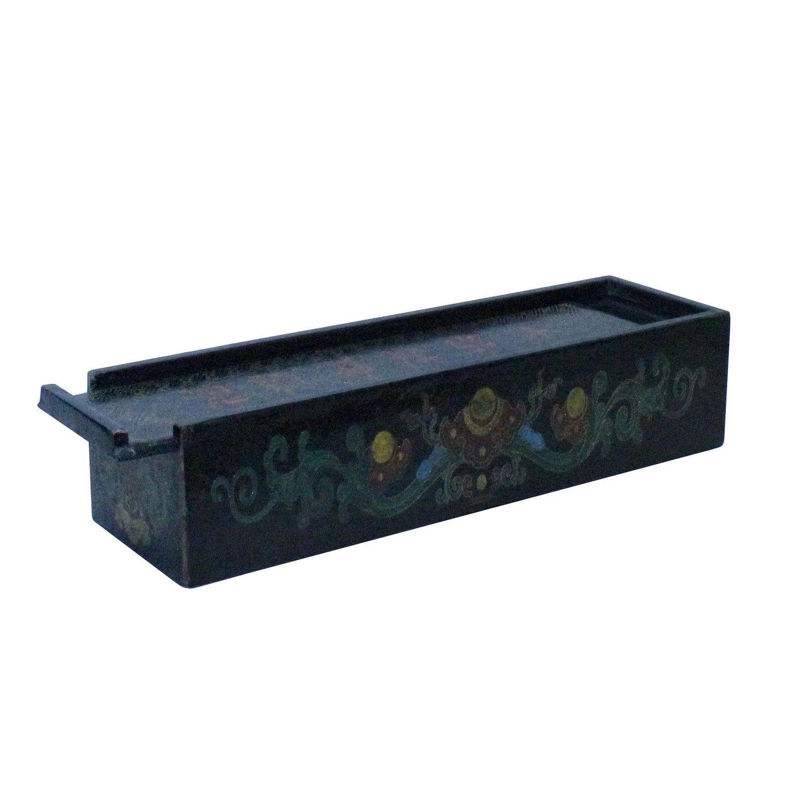 Chinese Distressed Black Lacquer Chinoiserie Long Rectangular Treasure Box - 2