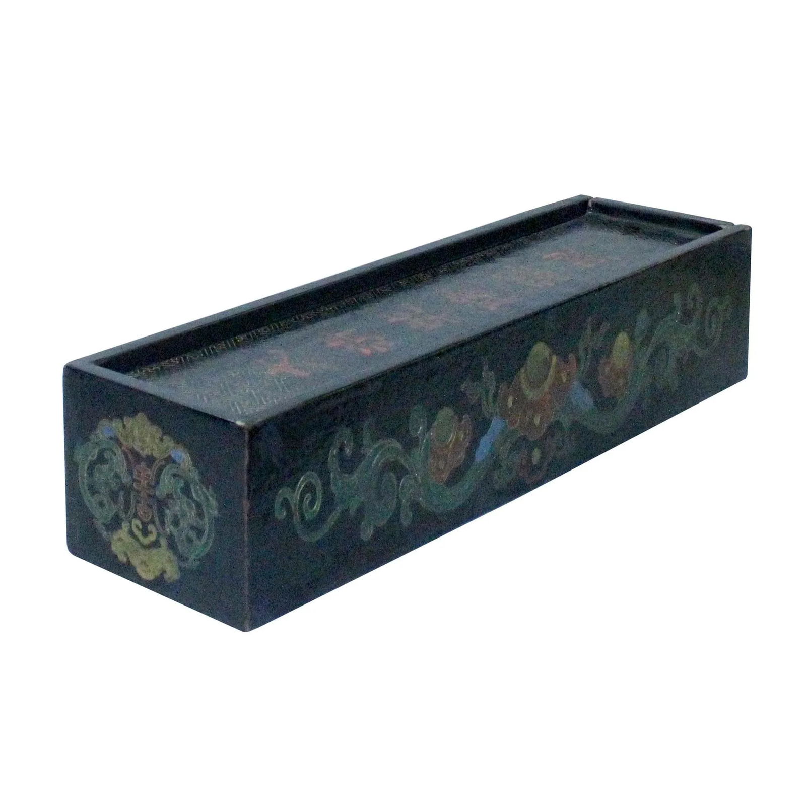 Chinese Distressed Black Lacquer Chinoiserie Long Rectangular Treasure Box - 4