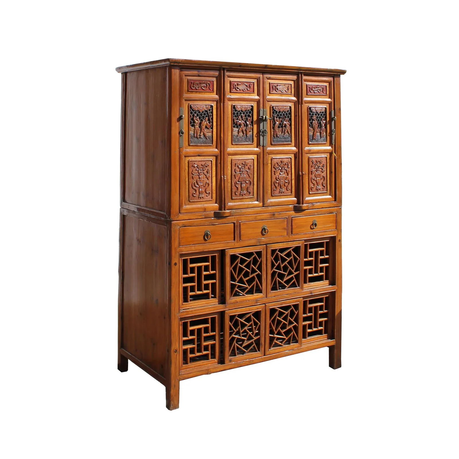 Chinese Brown Open Panel Relief Carving Storage Stack Cabinet - 2