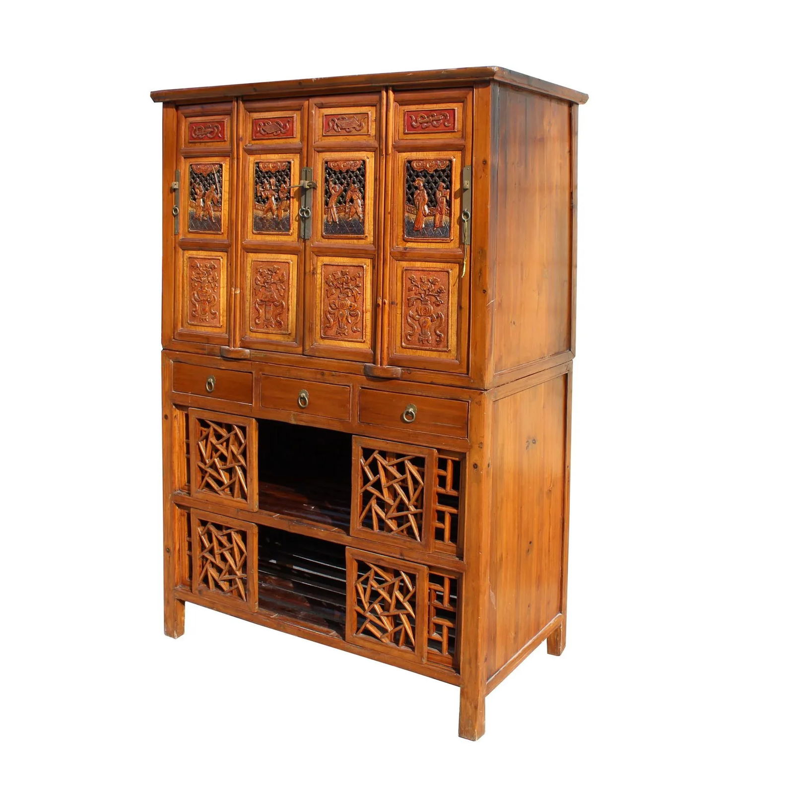 Chinese Brown Open Panel Relief Carving Storage Stack Cabinet - 3