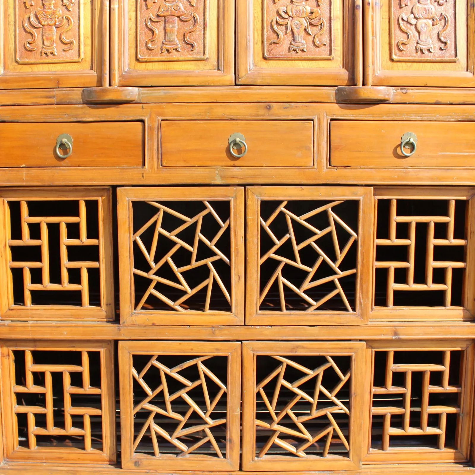 Chinese Brown Open Panel Relief Carving Storage Stack Cabinet - 6