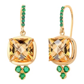 14 Karat Yellow Gold Shepherd Hoop Earrings With Yellow Topaz and Emeralds - 2 Pieces