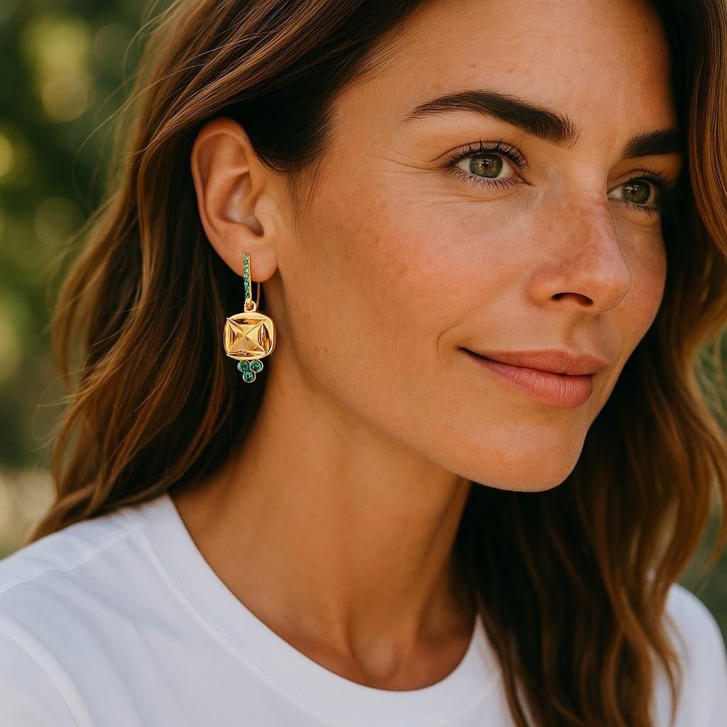 14 Karat Yellow Gold Shepherd Hoop Earrings With Yellow Topaz and Emeralds - 2 Pieces - 2