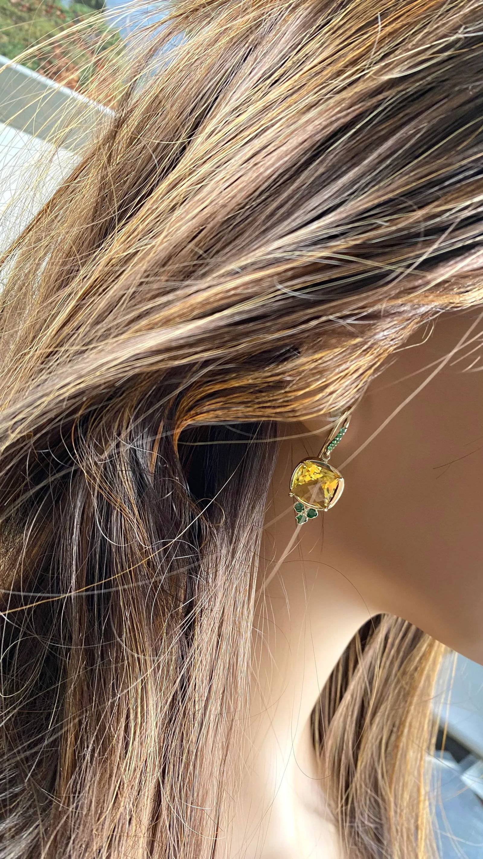 14 Karat Yellow Gold Shepherd Hoop Earrings With Yellow Topaz and Emeralds - 2 Pieces - 3