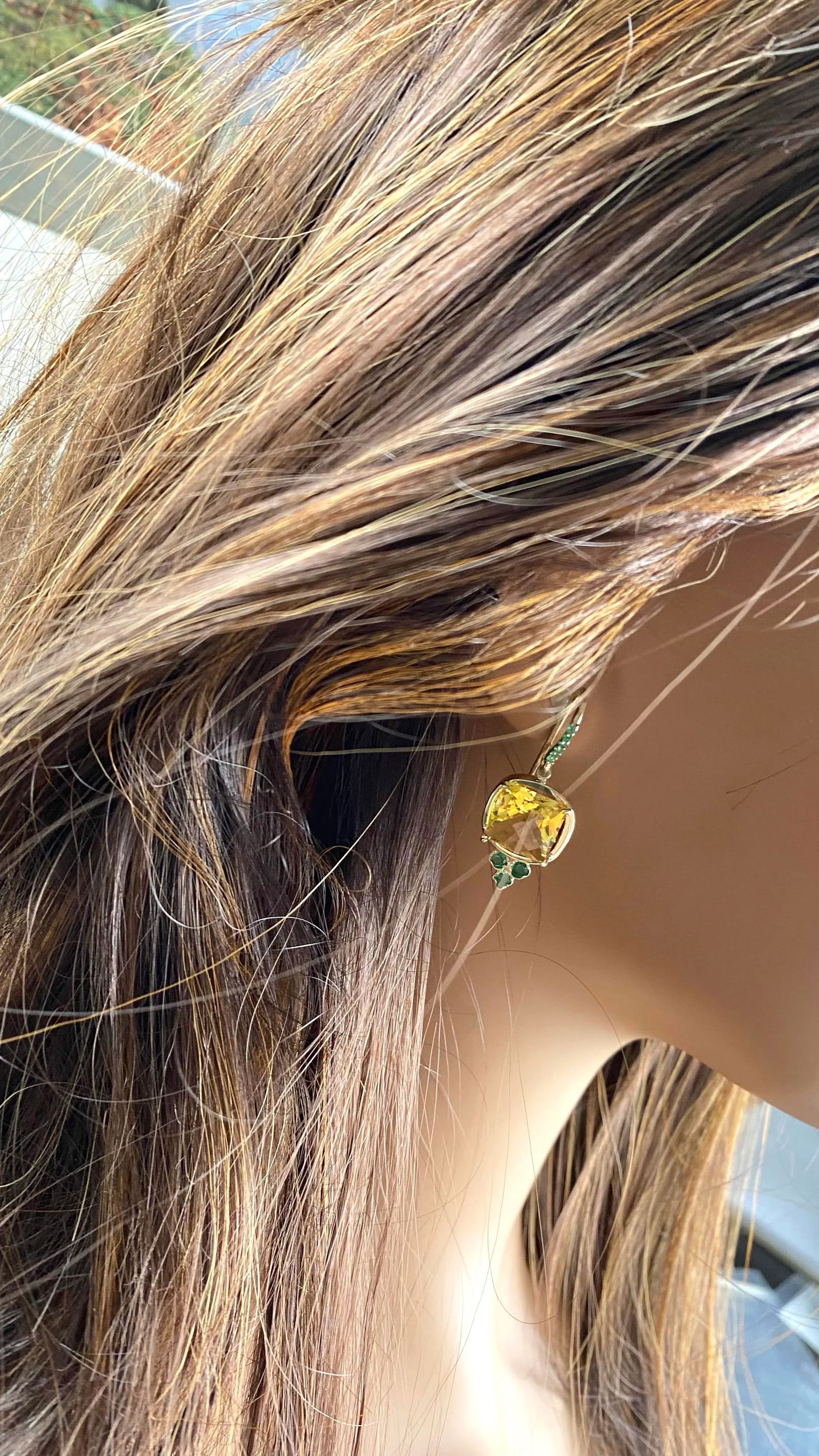 14 Karat Yellow Gold Shepherd Hoop Earrings With Yellow Topaz and Emeralds - 2 Pieces - 8