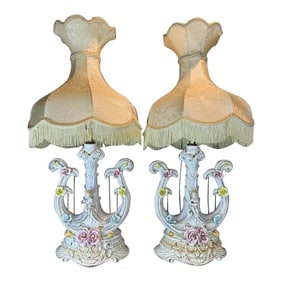 Vintage Hand Painted Italian Harp Lamps With Cherub and Flower Motif - Set of Two