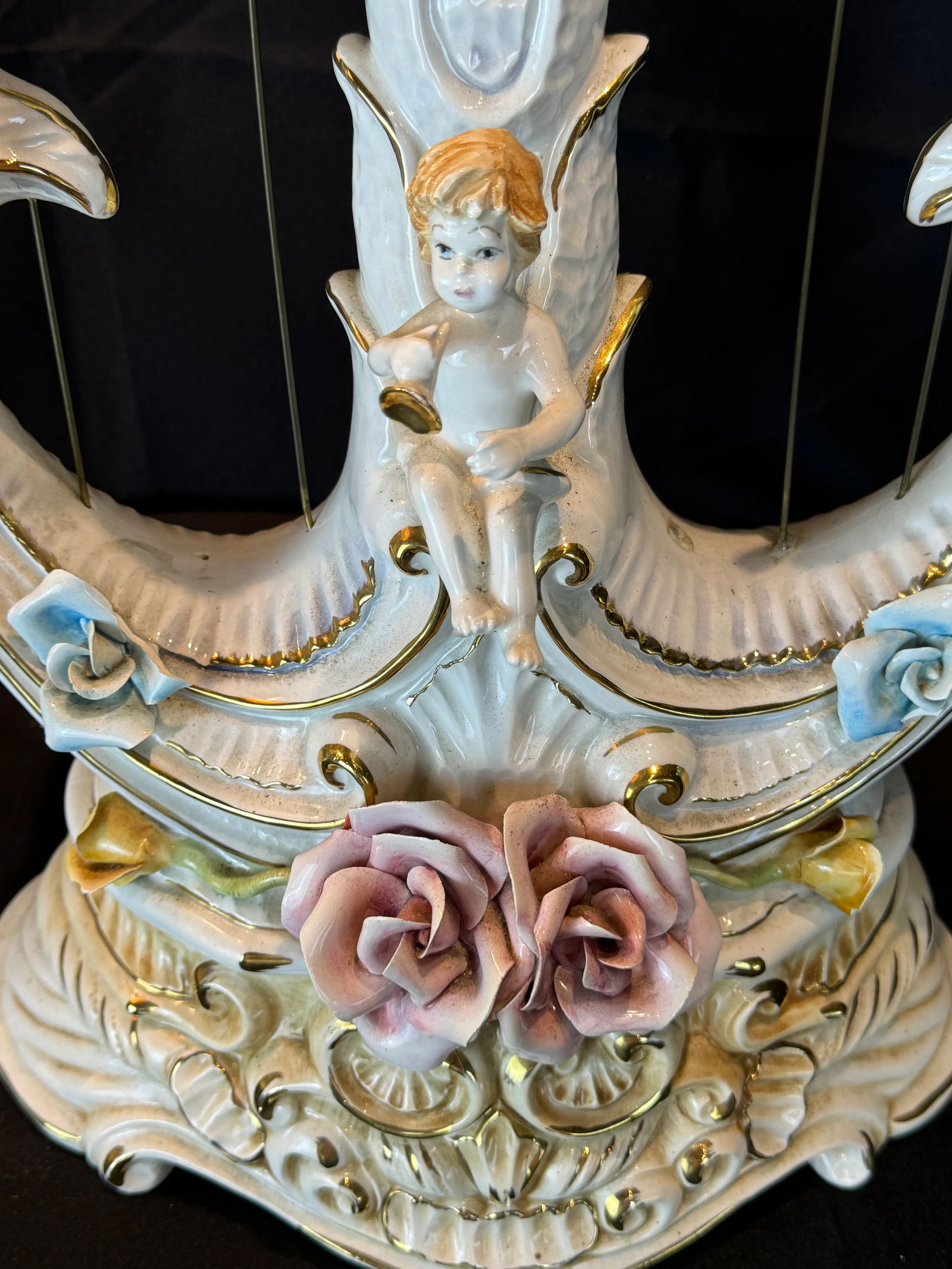 Vintage Hand Painted Italian Harp Lamps With Cherub and Flower Motif - Set of Two - 6