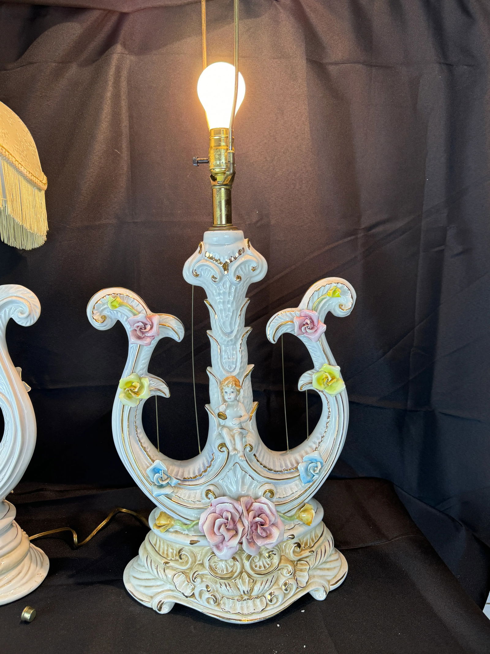 Vintage Hand Painted Italian Harp Lamps With Cherub and Flower Motif - Set of Two - 7