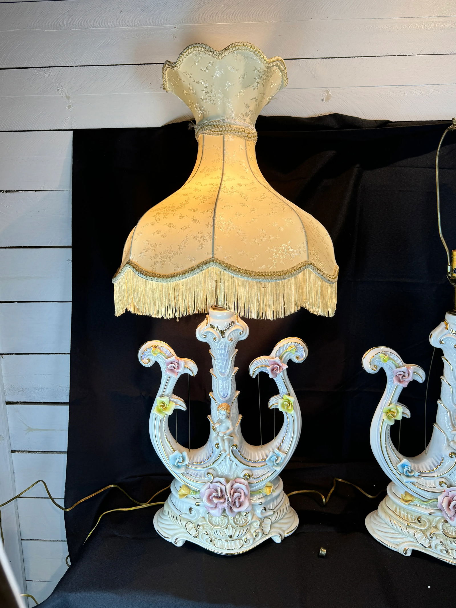 Vintage Hand Painted Italian Harp Lamps With Cherub and Flower Motif - Set of Two - 8