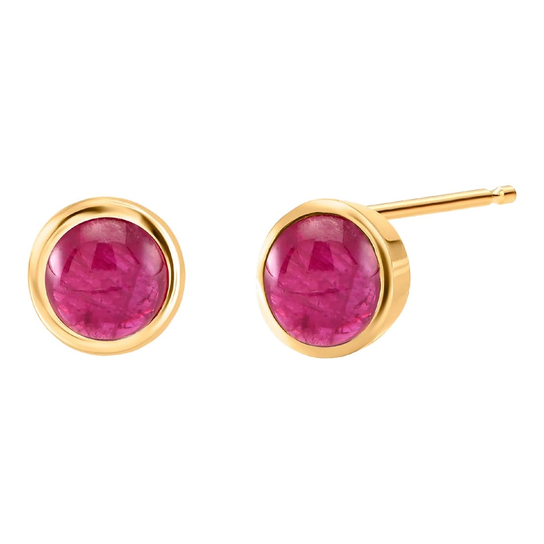 Matched Cabochon Ruby 1.30 Carat Bezel Set 14 Karat Yellow Gold 0.25 Inch Stud Earrings - 2 Pieces: The Two Matched Cabochon Burma Rubies Bezel Set 14 karat Yellow Gold Stud Earrings are a pair of earrings that feature two identical cabochon-cut rubies from Burma, set in a bezel made of yellow gold