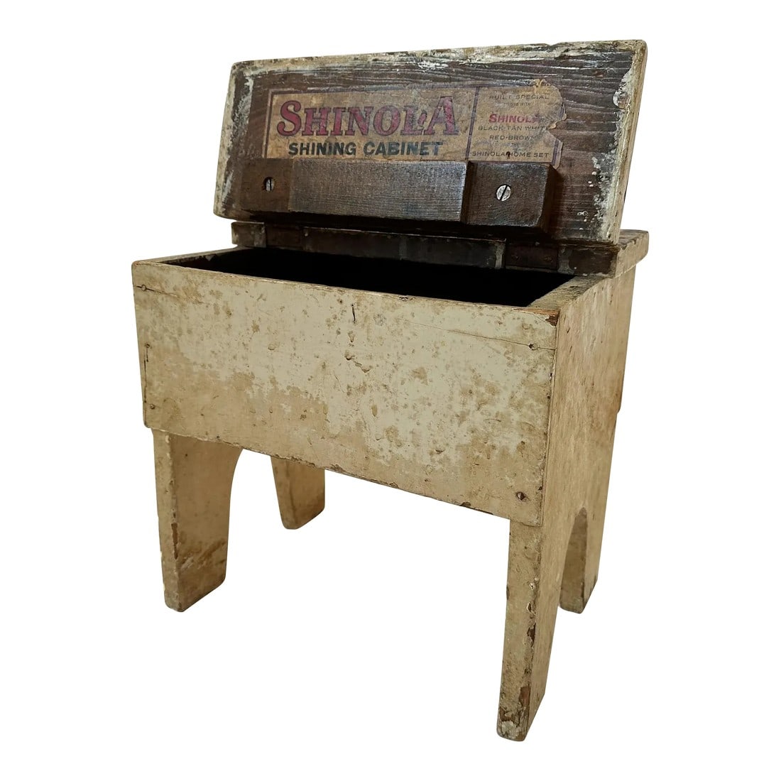 1930s Antique Shinola Primitive Painted White Distressed Wood Stool: This small, primitive stool is a great addition to a rustic cottage, cabin, boho or primitive farmhouse décor. This piece was originally a Shinola shoe shining cabinet. The distressed patina of
