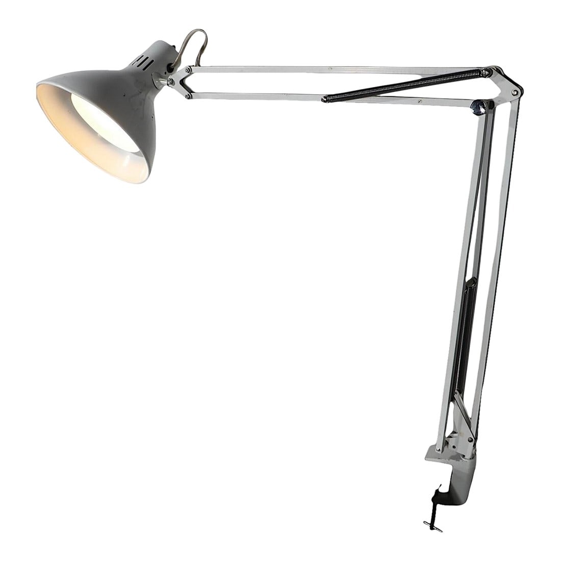 Vintage Angle Poise Architects Flex Arm Lamp by Luxo: Classic vintage angle poise, flex arm desk lamp with clamp on bracket. The lamp is in very good, clean, working condition, showing light cosmetic wear, normal and consistent with age. The metal hood