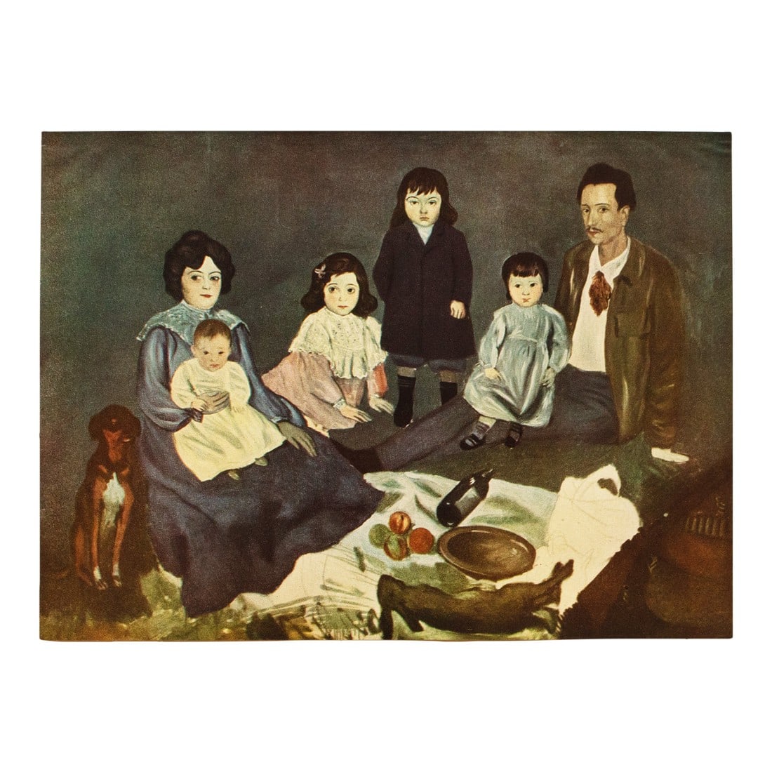 1948 After P. Picasso "The Soler Family" First Edition Period Offset Lithograph: A vintage period offset lithograph, full-color print, after painting "Le Dejeuner sur l'herbe de la Famille Soler" (Lunch on the Herb of the Family Soler, 1903) by Pablo Picasso. Comes from a First