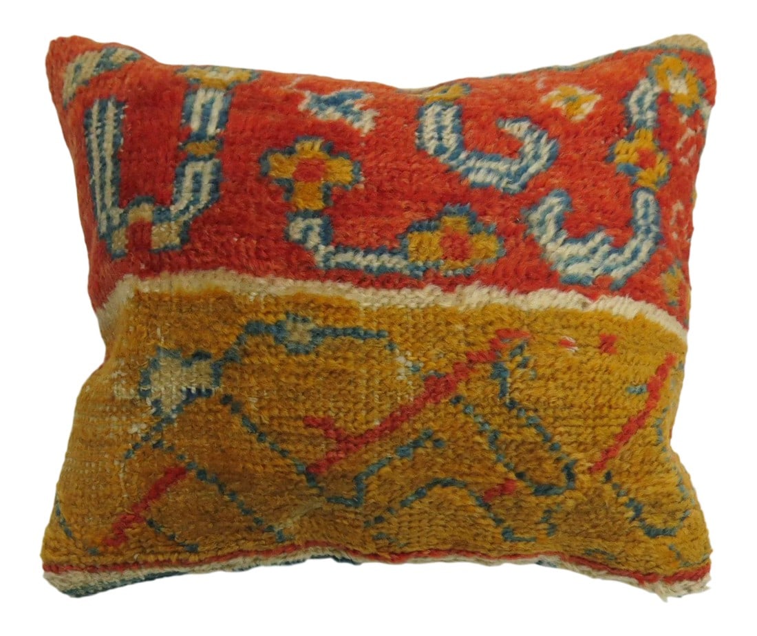 Coral Golden-Rod Antique Oushak Pillow, 20'' X 16'': Pillow made from an antique Turkish oushak rug. Zipper closure and foam insert provided. 20'' x 16'' Condition: Alterations: Unknown Imperfections: Some Imperfections Condition Notes: Age-related