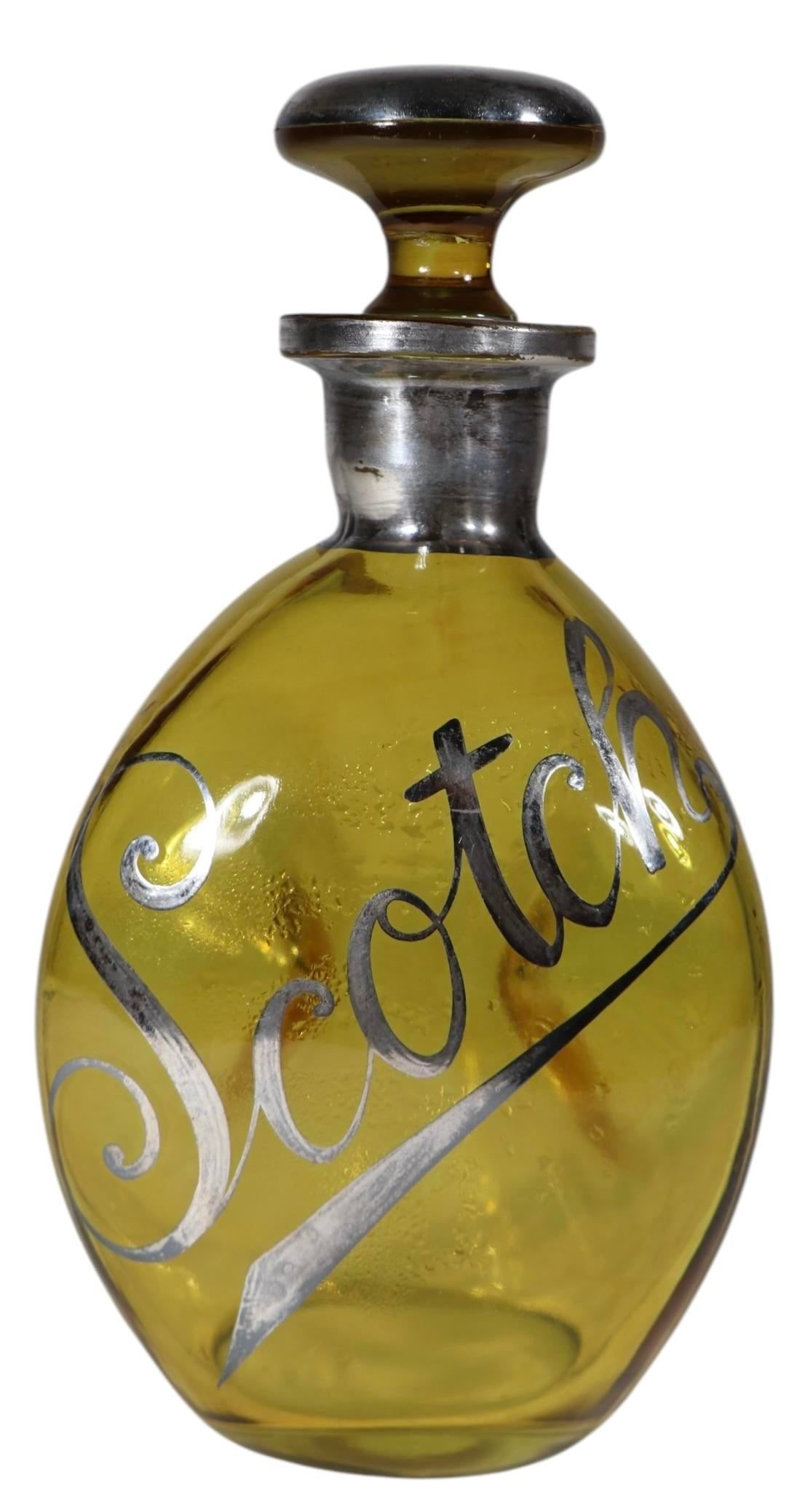 Art Deco Amber Glass and Silver Overlay Scotch Decanter C. 1930's - 2