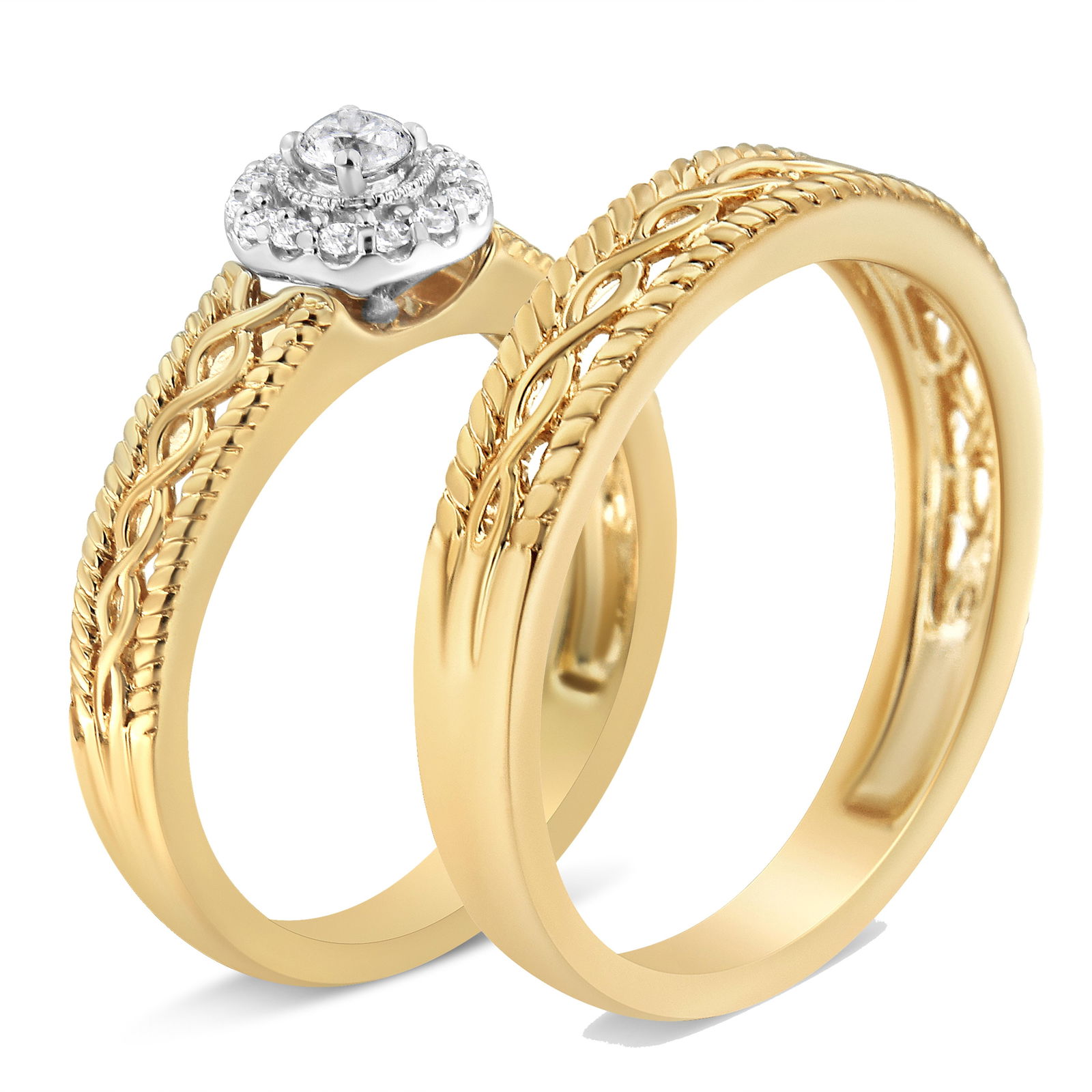 14K Yellow Gold Plated .925 Sterling Silver 1/5 Cttw Diamond Halo Engagement Ring and Wedding Band S - 3