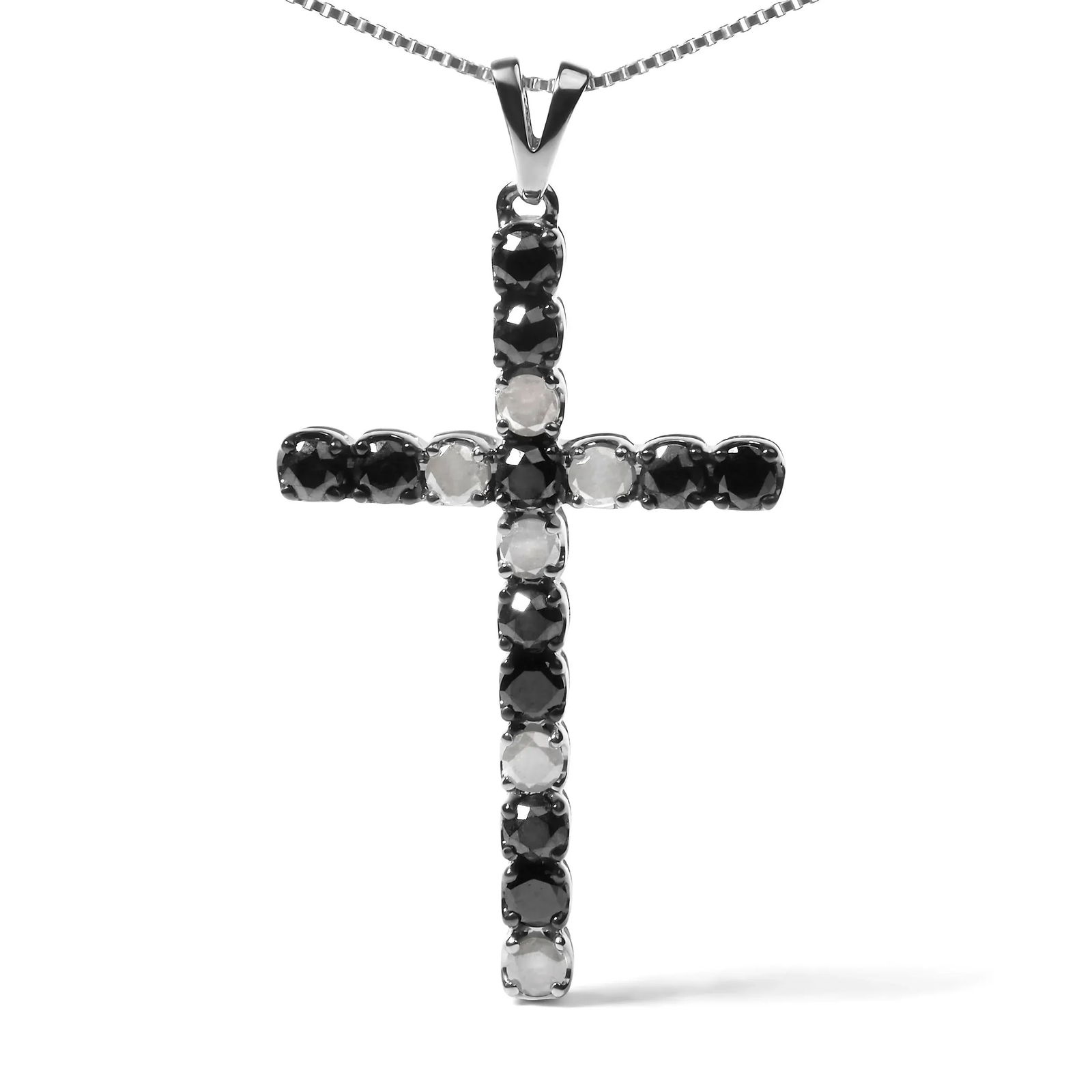 .925 Sterling Silver 1.0 Cttw Black and White Diamond Alternating Classic Cross 18" Pendant Necklace - 2