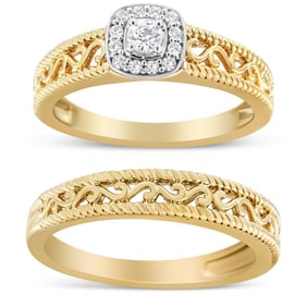 14K Yellow Gold Plated .925 Sterling Silver 1/5 Cttw Diamond Halo and Milgrain Finish Engagement Rin
