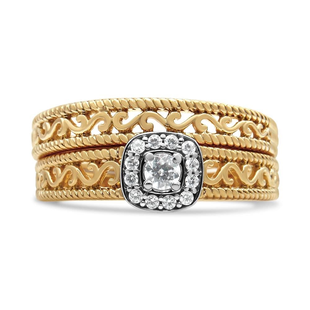 14K Yellow Gold Plated .925 Sterling Silver 1/5 Cttw Diamond Halo and Milgrain Finish Engagement Rin - 4