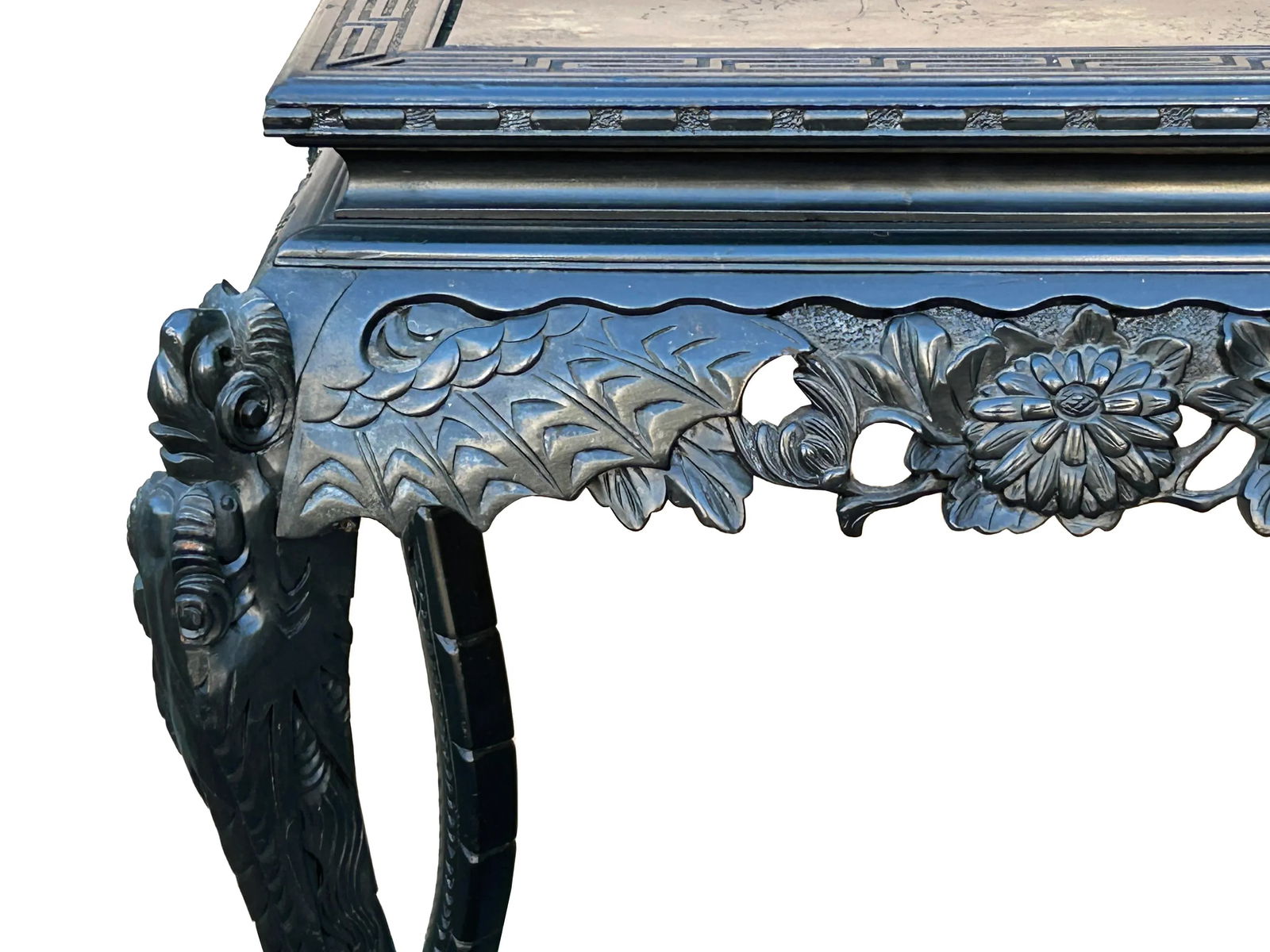 Vintage Chinese Black Relief Floral Carving Apron Claw Legs Side Console Table - 7