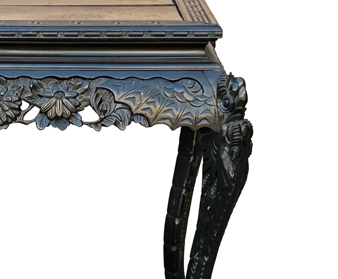 Vintage Chinese Black Relief Floral Carving Apron Claw Legs Side Console Table - 8