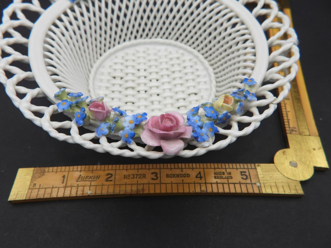 Antique Von Schierholz German Porcelain Floral Woven Serving Trinket Basket - 2