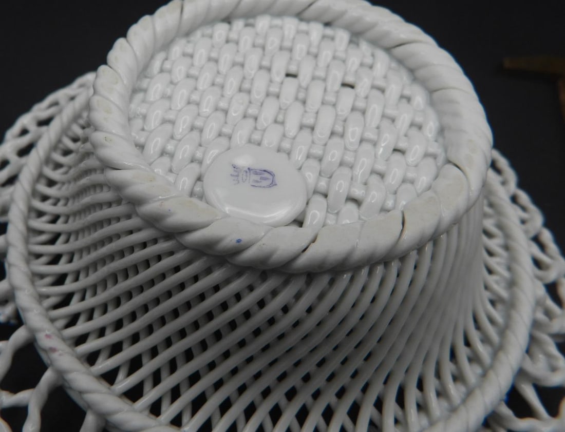 Antique Von Schierholz German Porcelain Floral Woven Serving Trinket Basket - 3