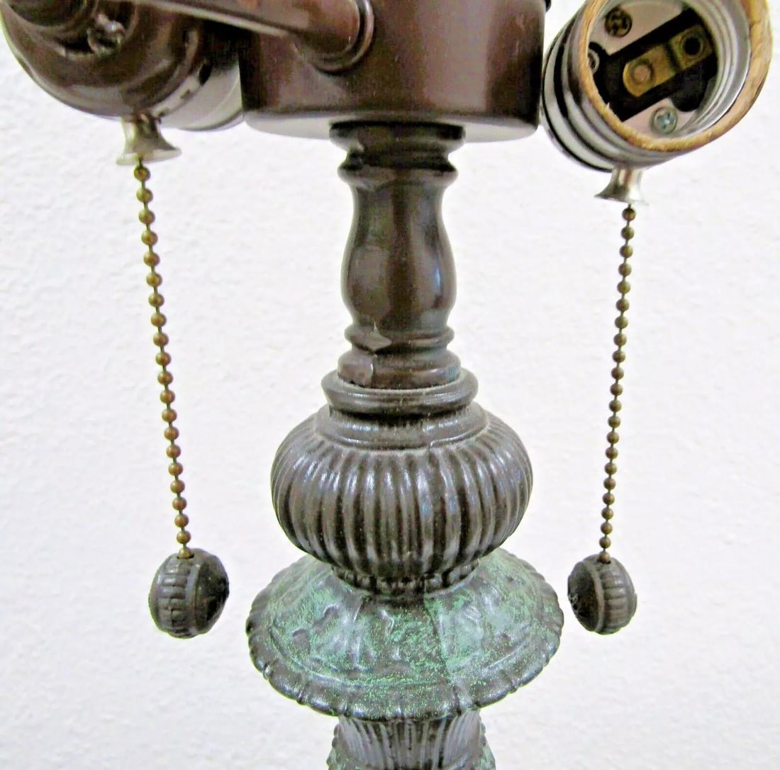 Vintage Hand Blown Reverse Painted Glass Table Lamp Bronzed Metal With Onyx Base - 10