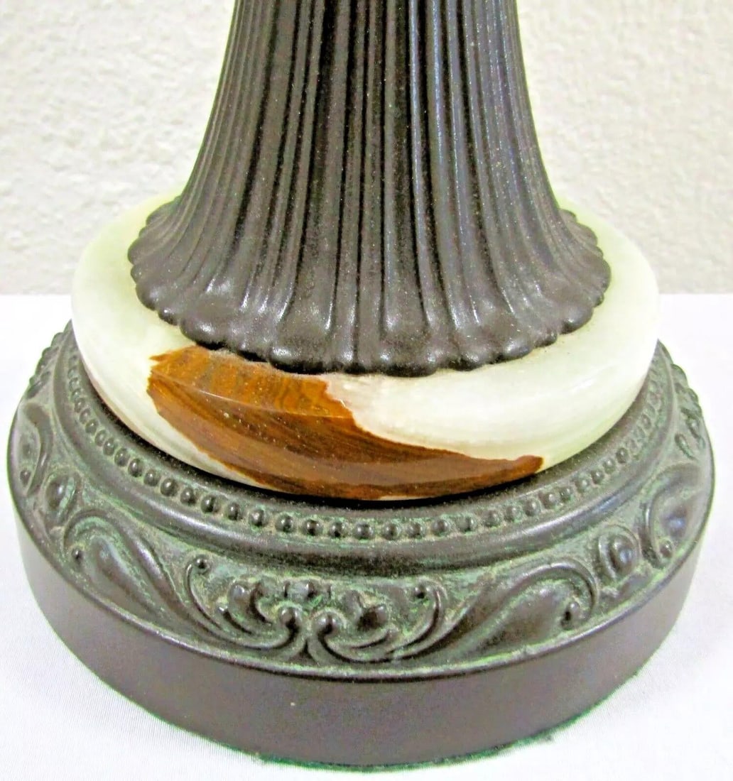 Vintage Hand Blown Reverse Painted Glass Table Lamp Bronzed Metal With Onyx Base - 3