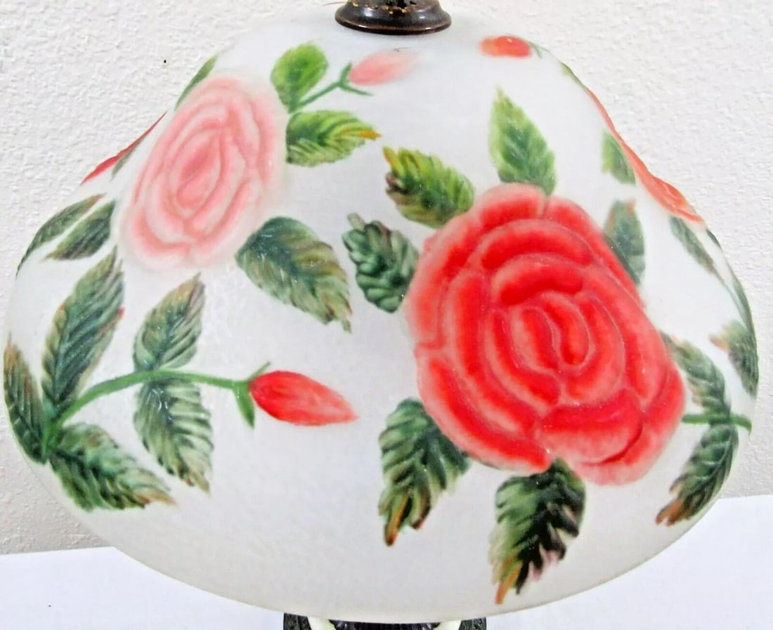 Vintage Hand Blown Reverse Painted Glass Table Lamp Bronzed Metal With Onyx Base - 4