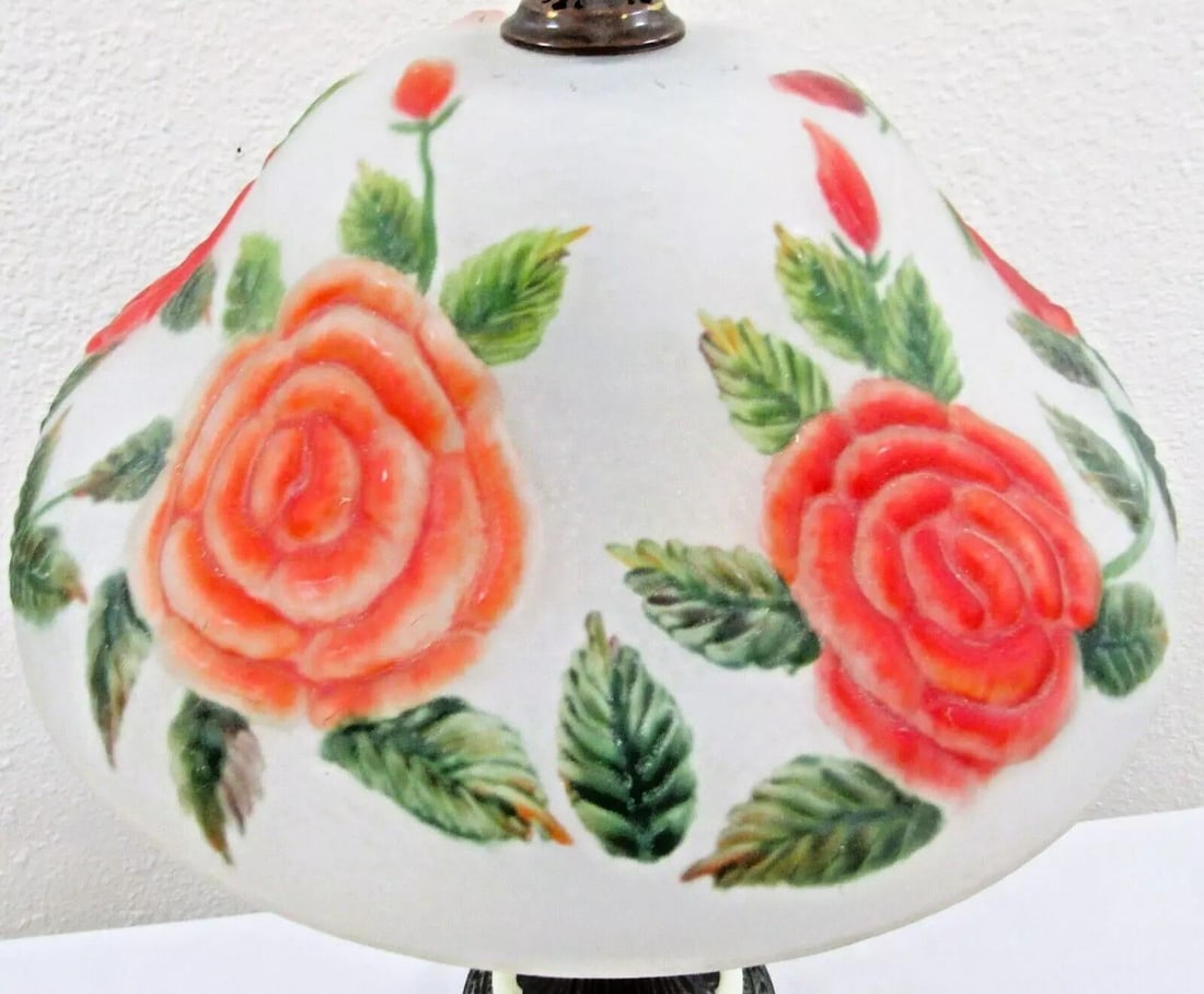 Vintage Hand Blown Reverse Painted Glass Table Lamp Bronzed Metal With Onyx Base - 5