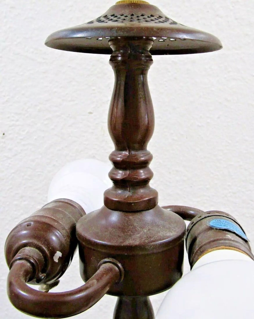 Vintage Hand Blown Reverse Painted Glass Table Lamp Bronzed Metal With Onyx Base - 9