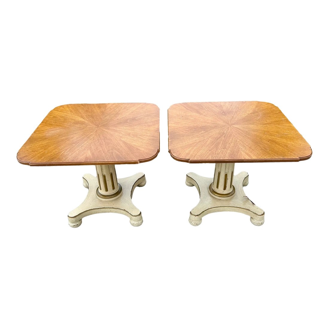 Vintage Henredon Pair of Neo-Classical Walnut & Ivory Accent Tables: Henredon Column Pedestal Side Tables – Pair of Hollywood Regency / Neo-Classical Regency Walnut & Ivory Accent Tables Elevate your décor with this rare mid-century pair of Henredon column