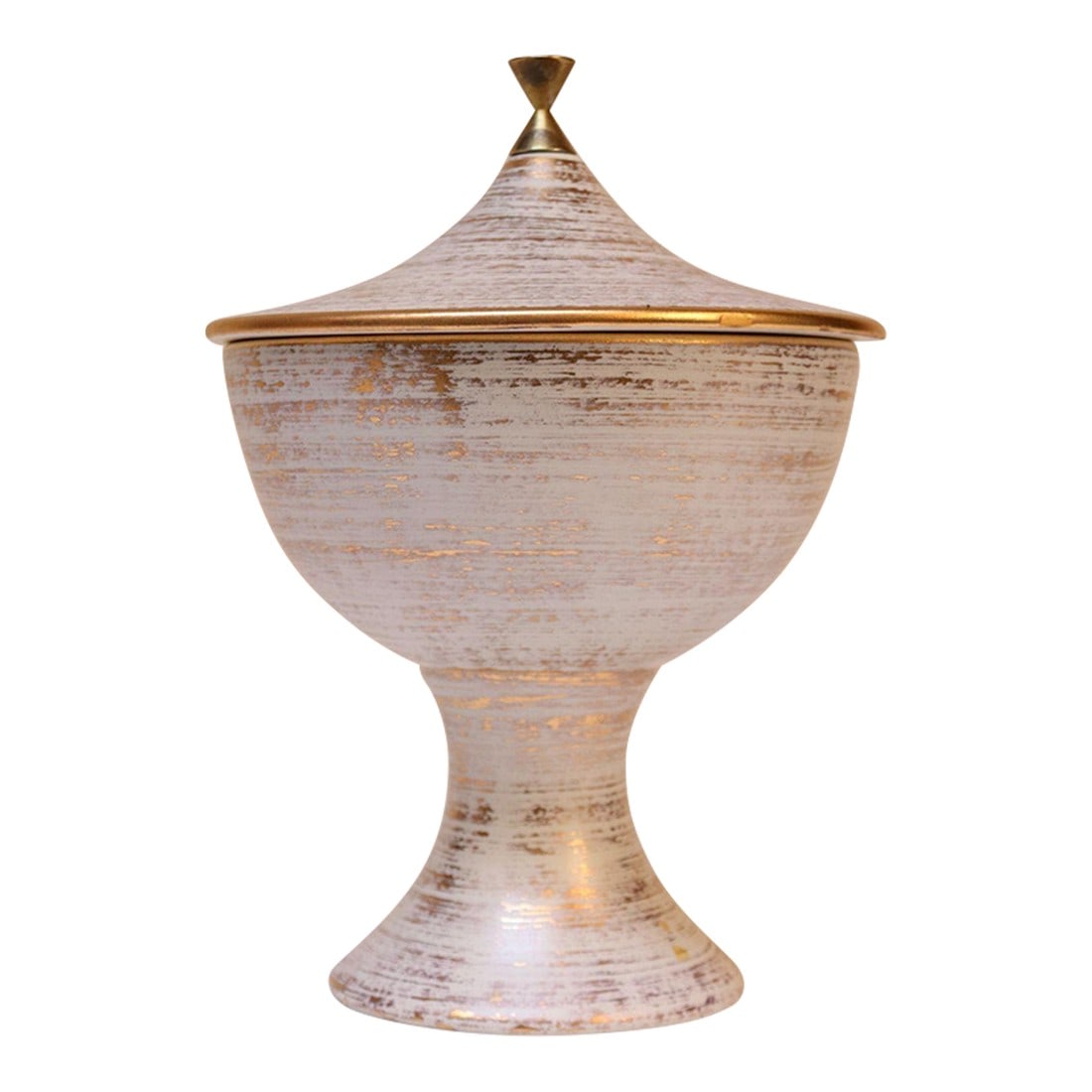 Vintage Haeger Gold Tweed 22k Compote / Urn / Lidded Pedestal Catch-All: This elegant lidded pedestal bowl / compote with brass finial was produced by Haeger in the 1970s and features a gold tweed (22 karat) glaze atop a white matte glaze giving the base color almost a
