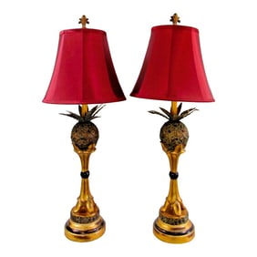 Pair of Vintage Hollywood Regency Gold Jeweled Pineapple Table Lamps