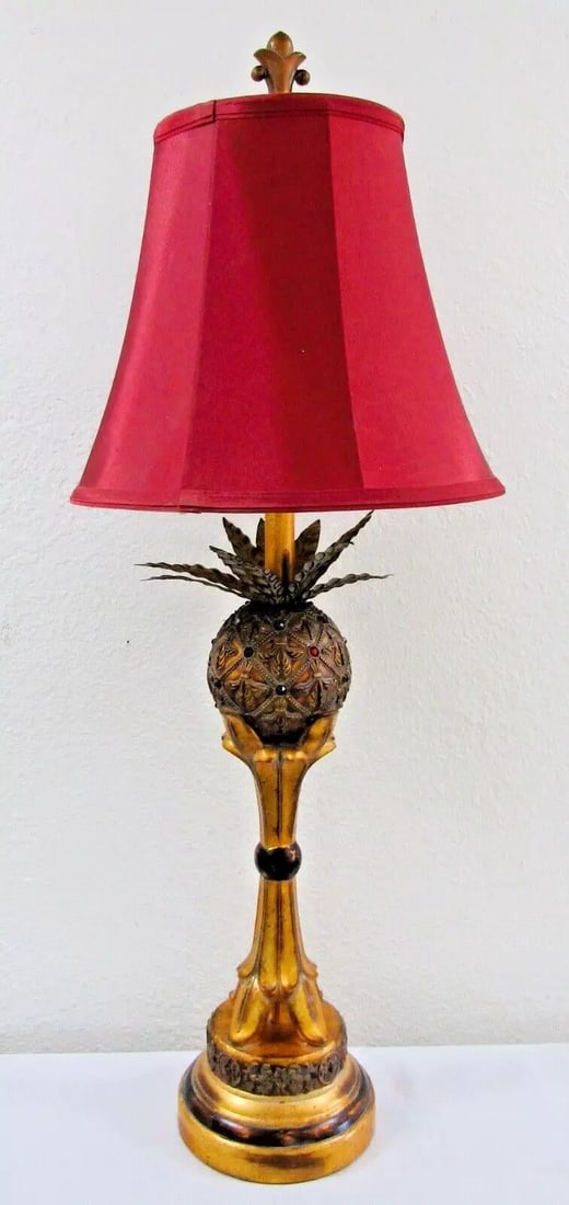 Pair of Vintage Hollywood Regency Gold Jeweled Pineapple Table Lamps - 2