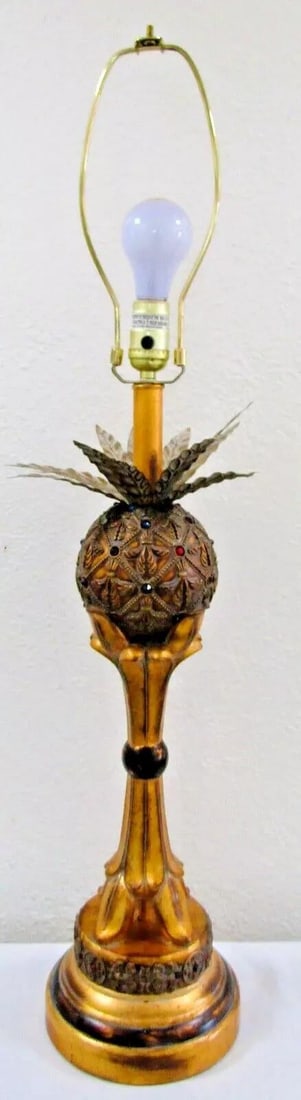 Pair of Vintage Hollywood Regency Gold Jeweled Pineapple Table Lamps - 6