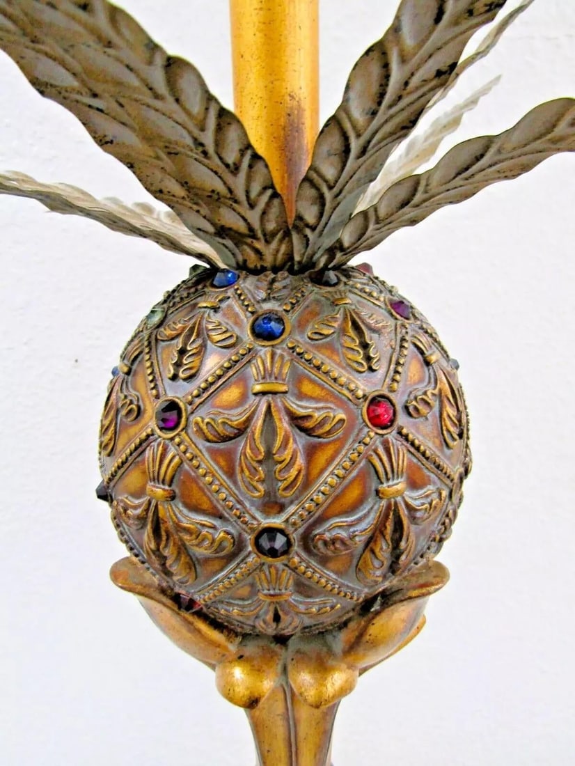 Pair of Vintage Hollywood Regency Gold Jeweled Pineapple Table Lamps - 9