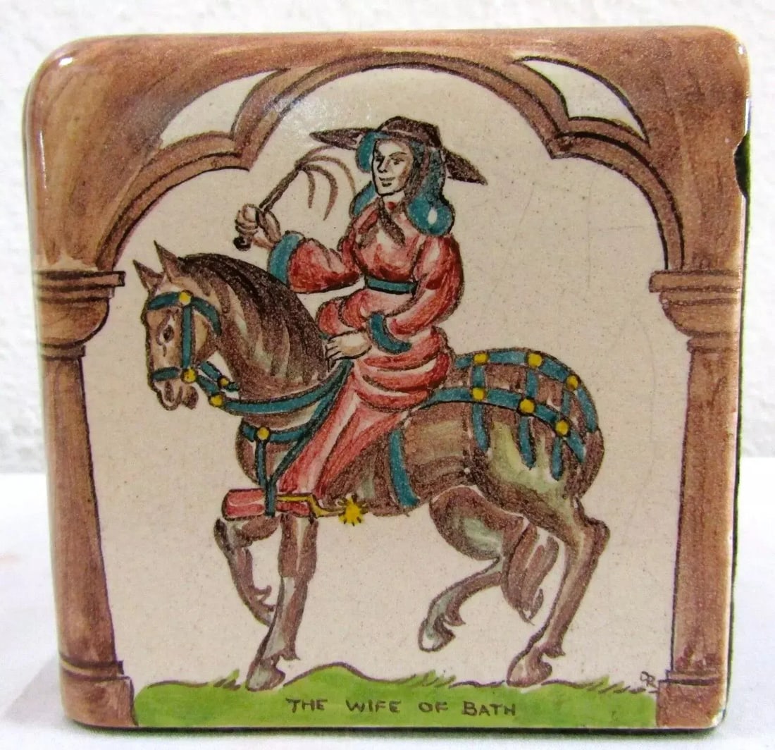 Pair of Packard and Ord Tiled Bookends Canterbury Tales Hand Painted Circa 1940's - 3