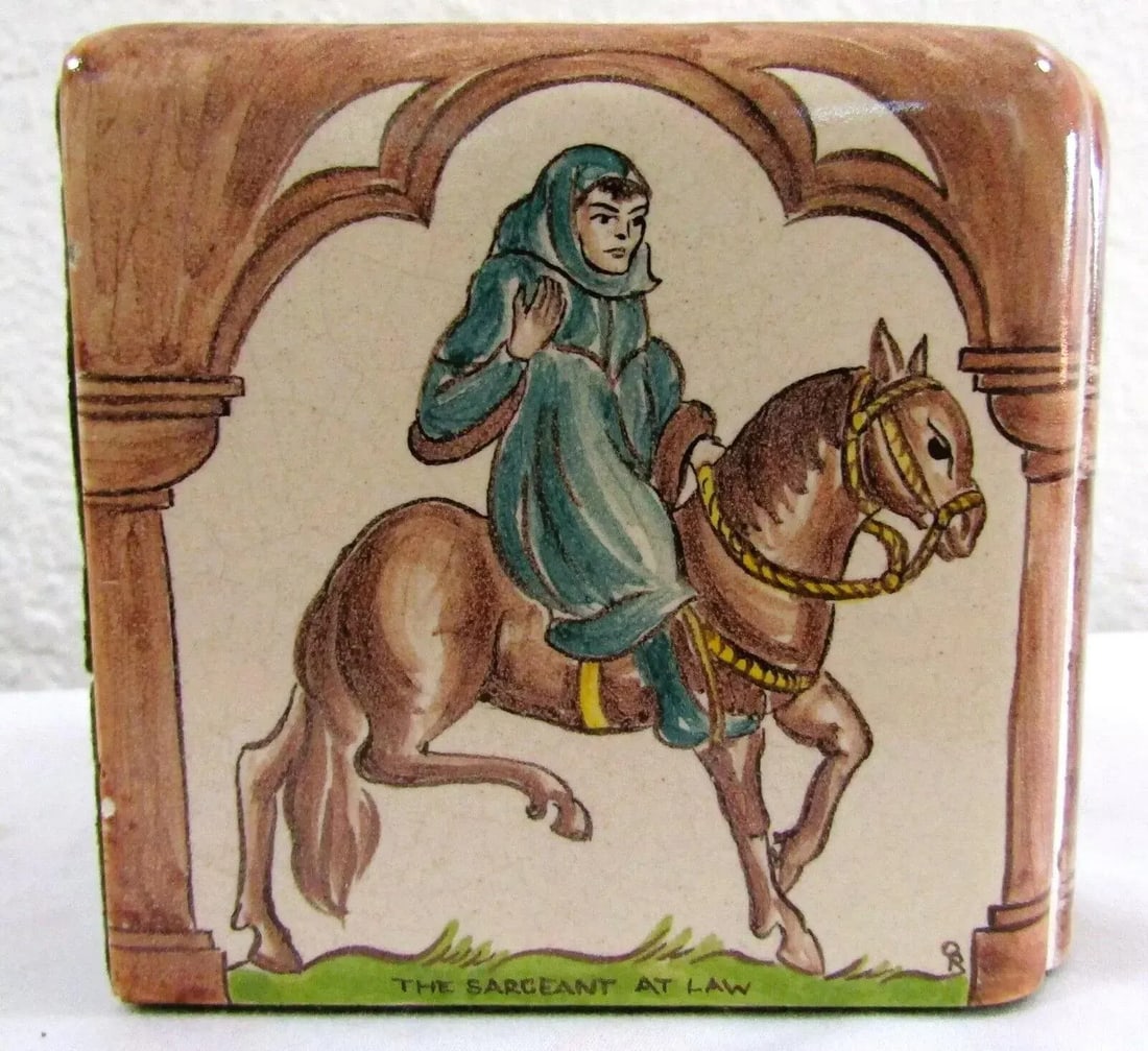 Pair of Packard and Ord Tiled Bookends Canterbury Tales Hand Painted Circa 1940's - 4