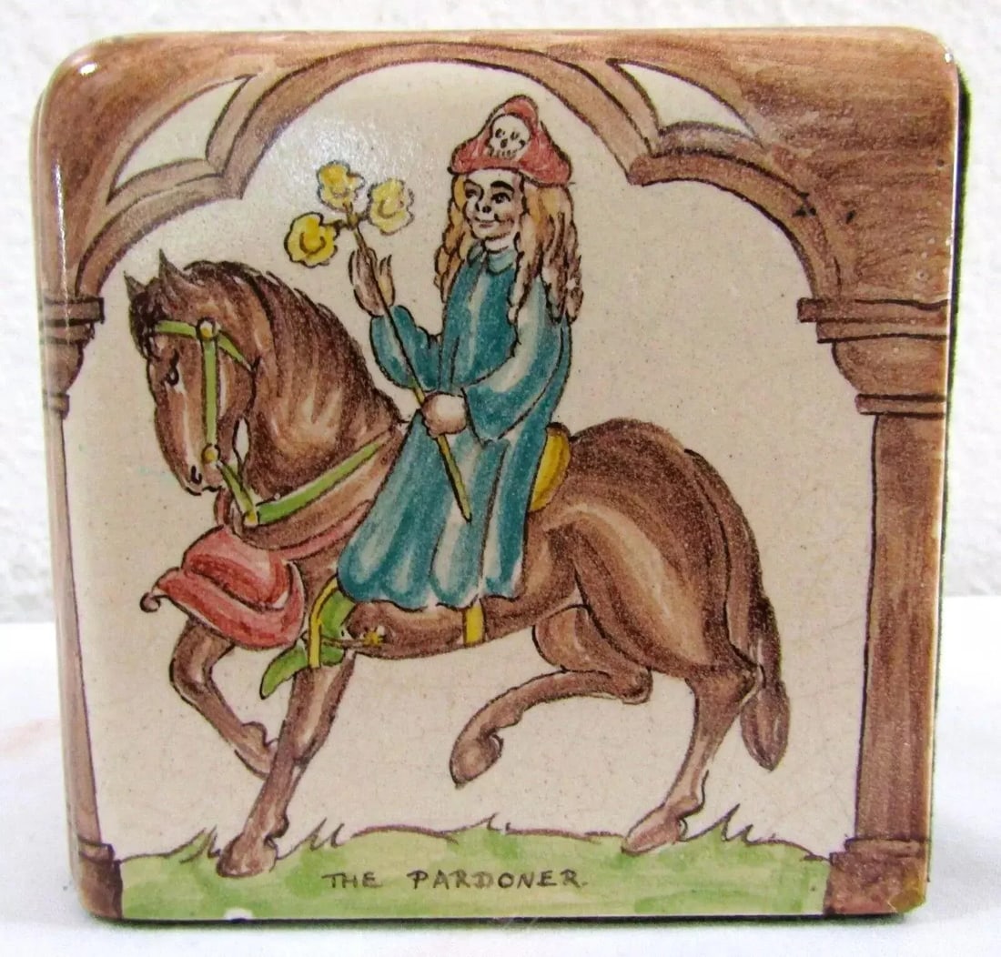 Pair of Packard and Ord Tiled Bookends Canterbury Tales Hand Painted Circa 1940's - 8