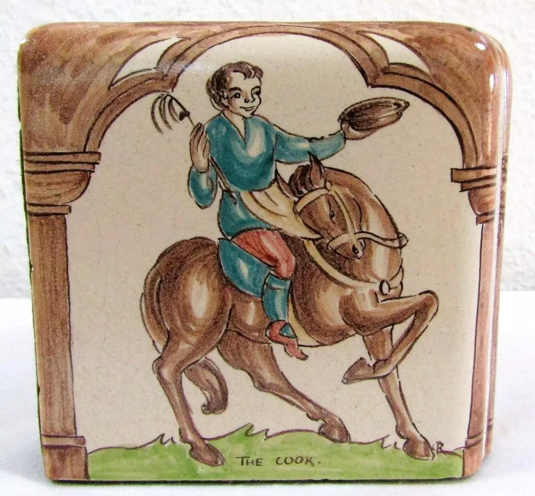 Pair of Packard and Ord Tiled Bookends Canterbury Tales Hand Painted Circa 1940's - 9